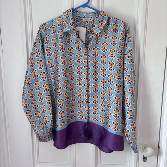 Women’s Zara Set NWT Geometric Print Blue /Purple Size Medium High Waist - Picture 4 of 16